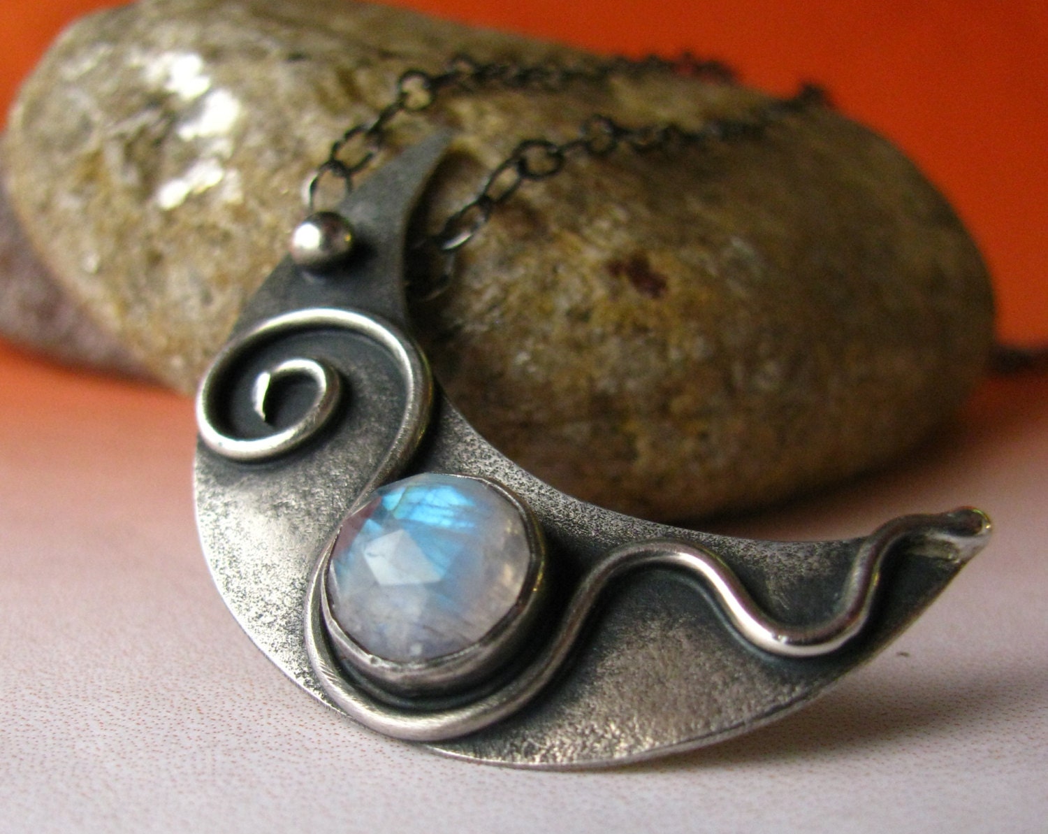 Crescent Moon Necklace - Luna - Sterling Silver And Rainbow Moonstone Necklace - Artisan Metal Jewelry - Gemstone Jewelry