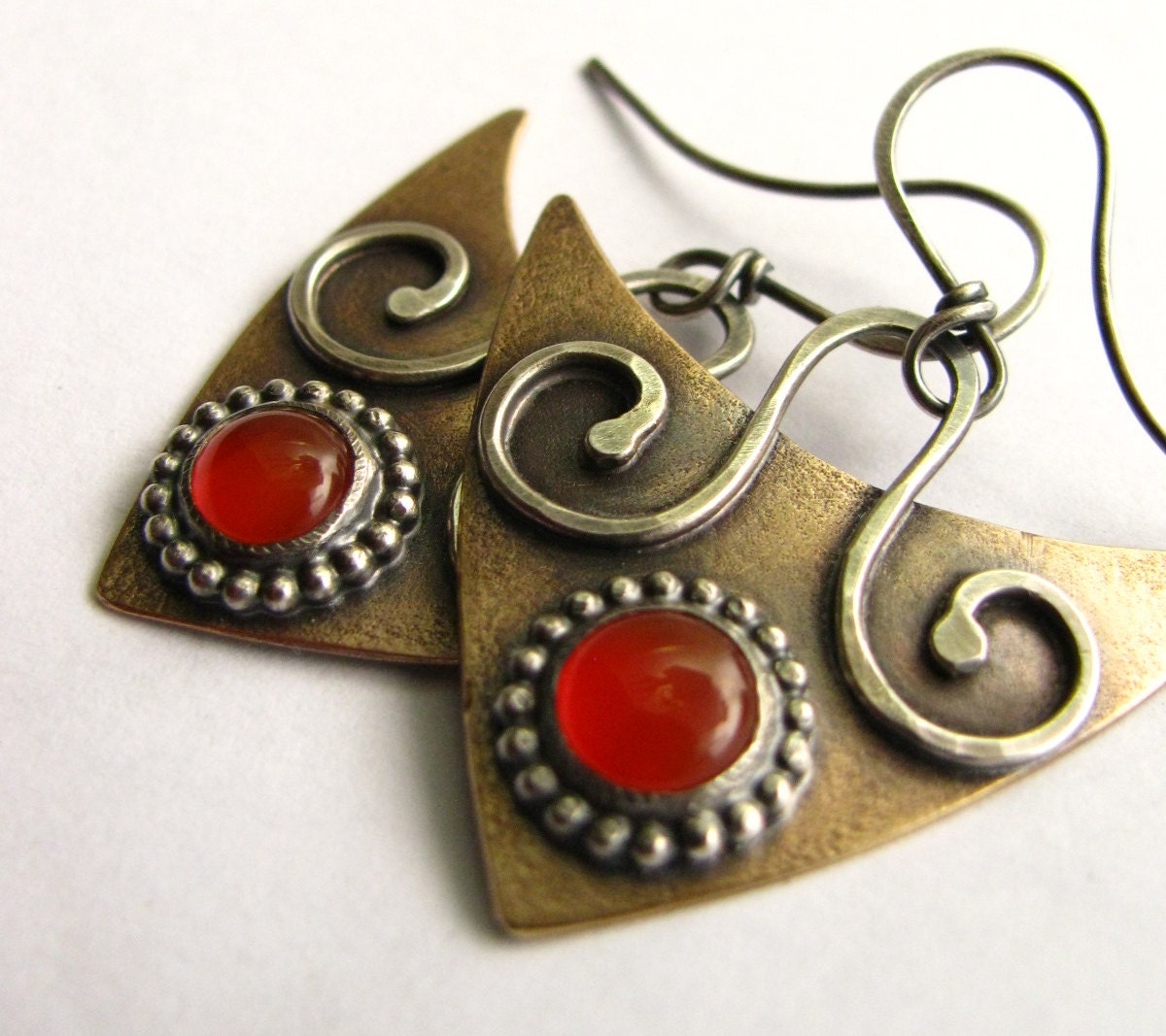 Carnelian Earrings - Modern Tribal Mixed Metal Earrings - Sterling Silver And Bronze Contemporary jewelry - Orange Gemstone Earrings