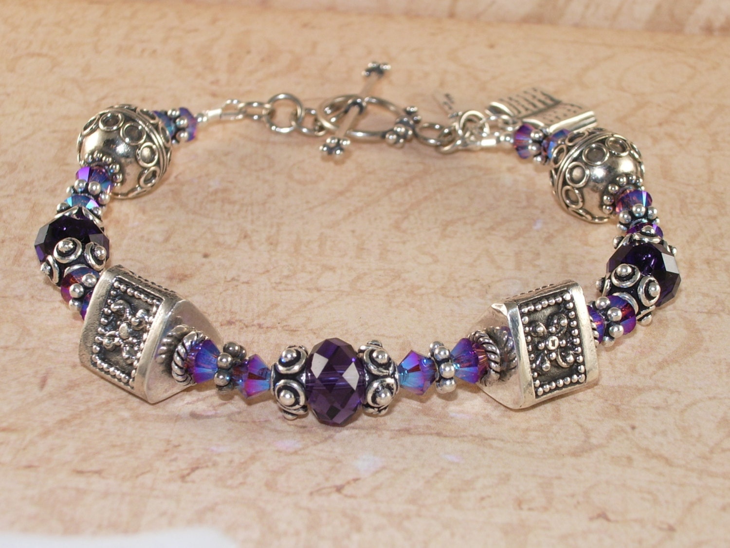 Purple Crystal Bracelet, Swarovski Crystal, Amethyst 2x AB, Sterling Silver, Chunky, Bali, Faceted, Handmade Jewelry