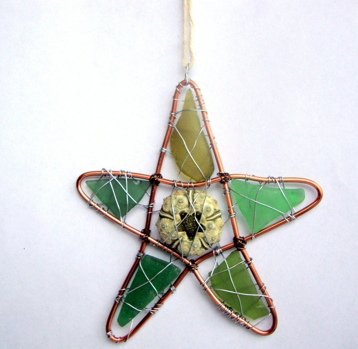 Green Sea Urchin and Sealgass Star Suncatcher Ornament
