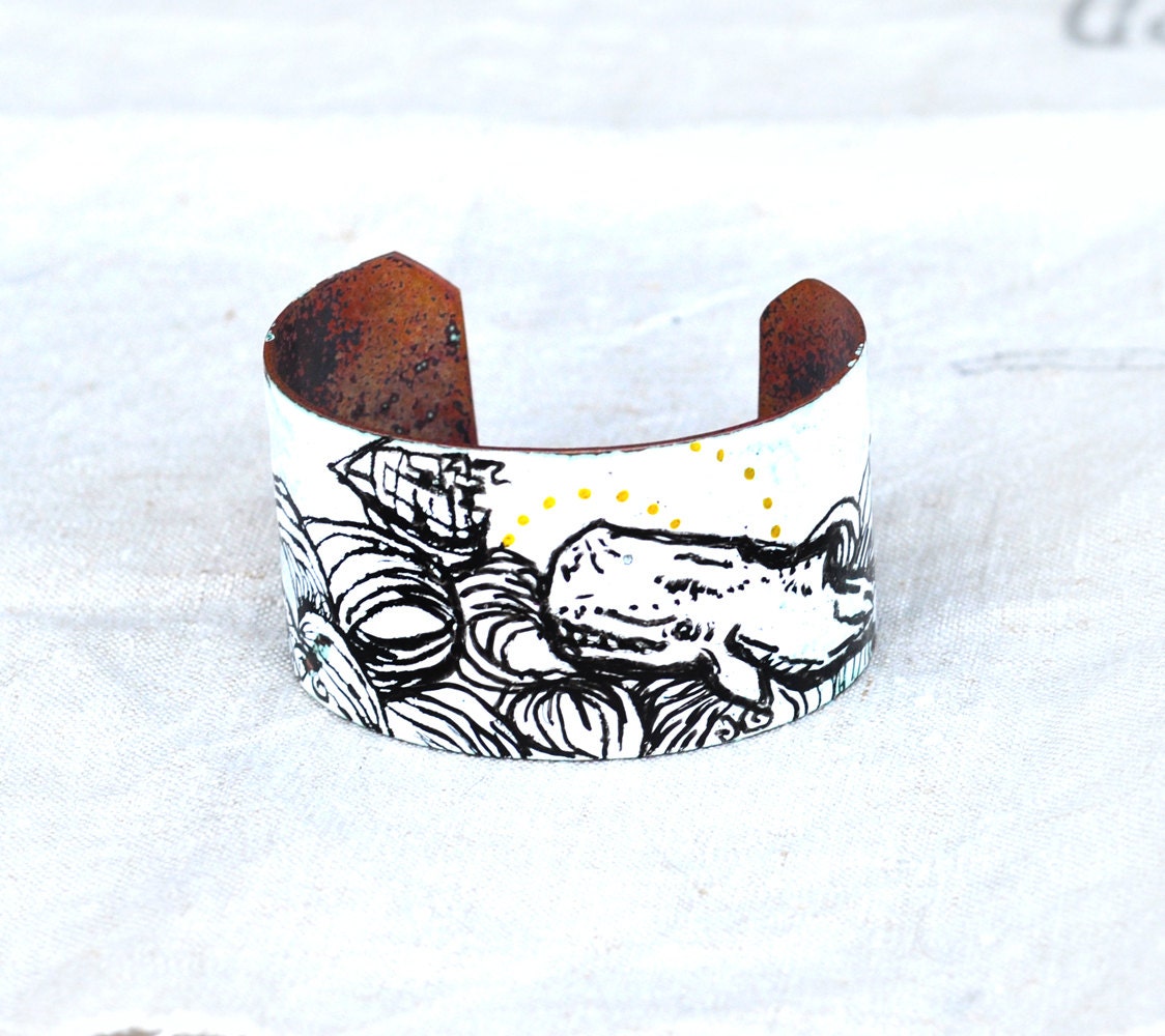 Handcrafted Jewelry - White Whale Cuff - Enamel & Glass Bracelet