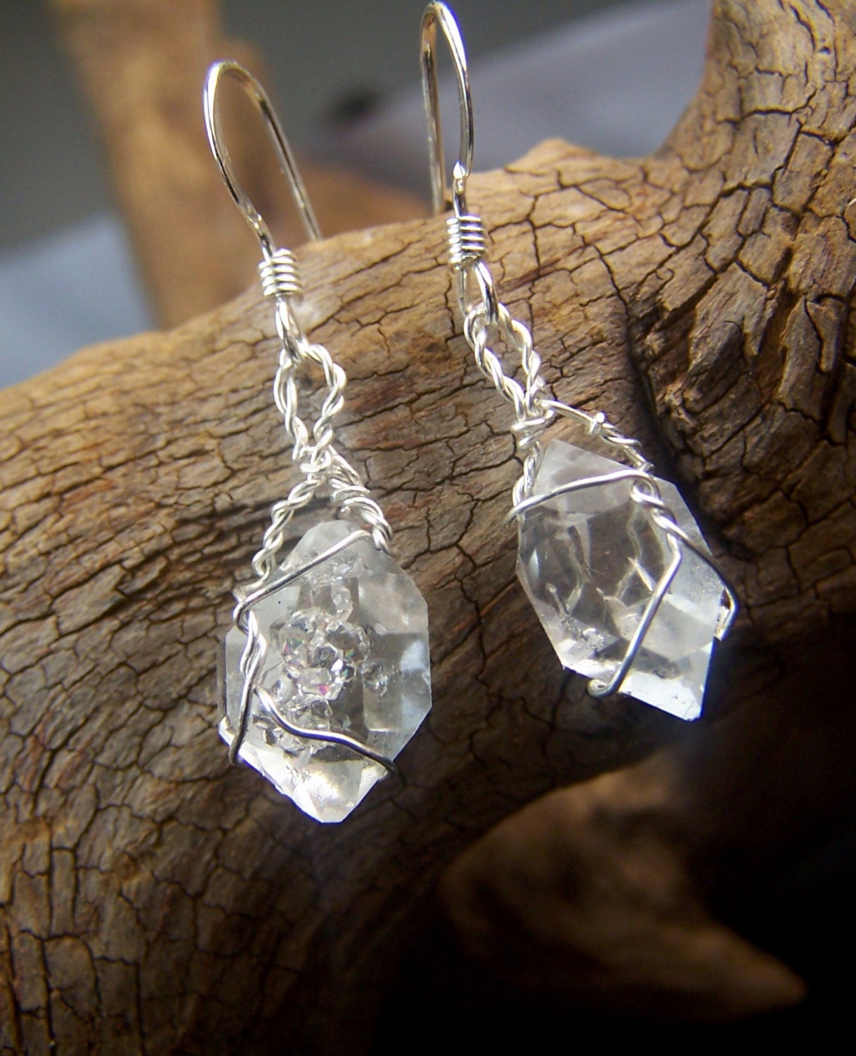 Diamond Quartz  Earrings - similar to Herkimer Diamonds - Sterling Silver French hook ear wires - natural raw clear Quartz crystal