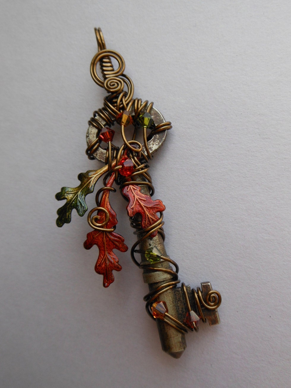 Oak Key Pendant -- Wire Wrapped Key Pendant with Inked Brass Red-Gold-Green Changing Color Triple Oak Leaves, Bronze Wire, Swarovski Crystal