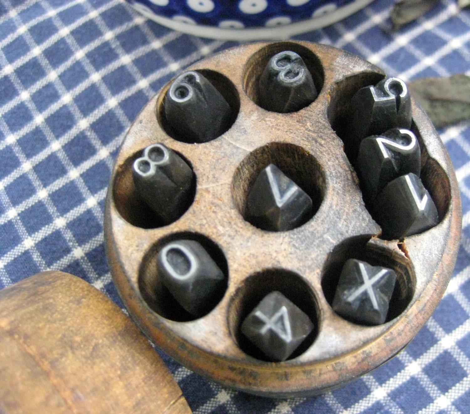 vintage number punch steel wooden box  old metal or leather set tools jewelry