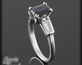 Dark Blue Emerald Cut Sapphire Ring with Diamond Baguettes - Three stone ring - LS1312