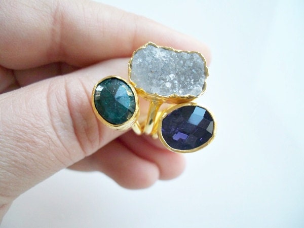 SALE for MOTHERS DAY---------Triple Gold plated Emerald and Chalchedony druzy  ring