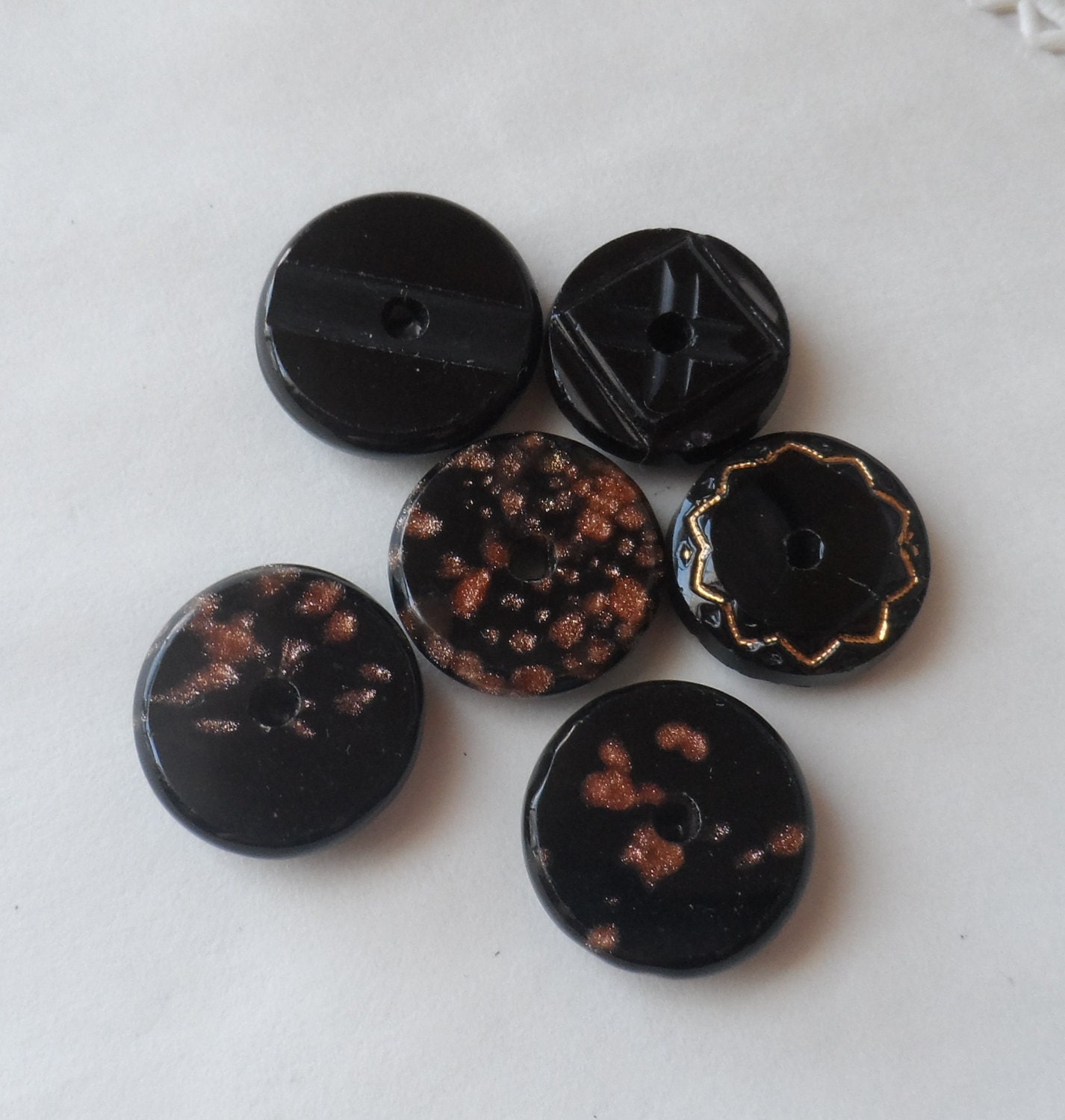 6 Antique Victorian Black Glass Whistle Buttons