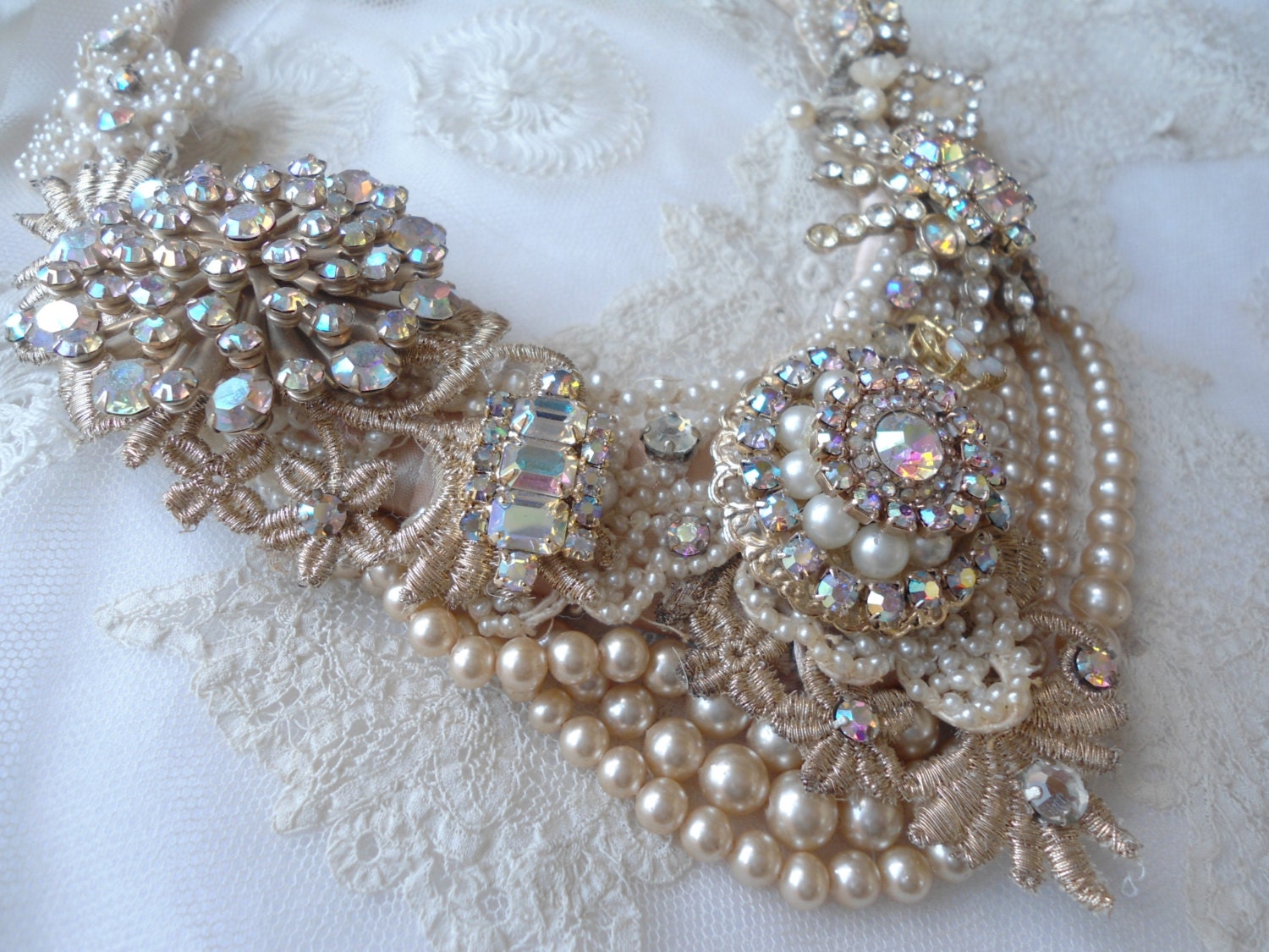 Antique and Vintage Pearl and Rhinestone Bejeweled Statement Necklace