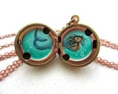 Mermaid Locket, Hand-Painted Oil Miniature in Aqua Green with Bubbles, Vintage Stock Brass Locket