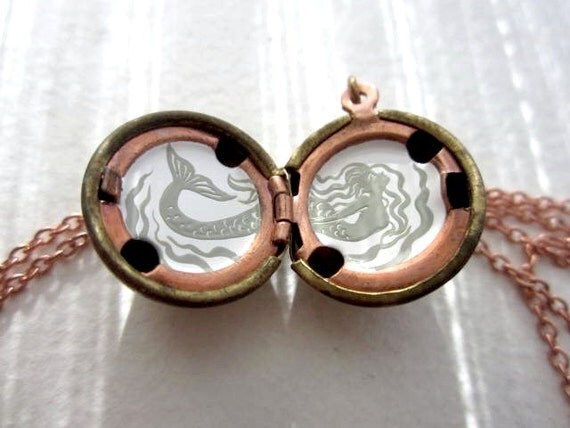 Mermaid Locket Hand-painted Necklace, Pale Grey and White Cameo, Neutral and Elegant