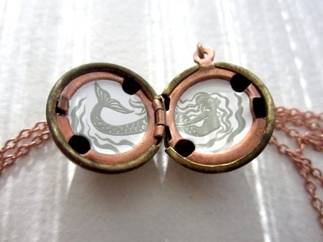 Mermaid Locket Hand-painted Necklace, Pale Grey and White Cameo, Neutral and Elegant