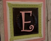 Custom Hand Painted Personalized Plaque with the initial "E"   24x24 Repurposed Ceiling Tin  with Metal Initial