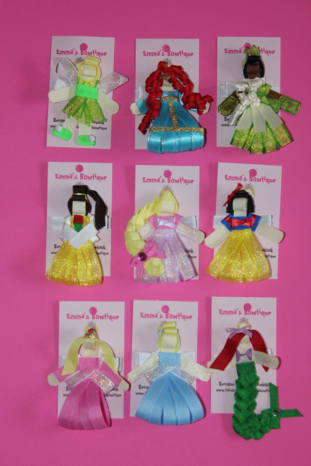 ONE Princess Inspired Hair Clips Belle, Tinkerbell, Little Mermaid, Snow White, Cinderella, Sleeping Beauty, Rapunzel
