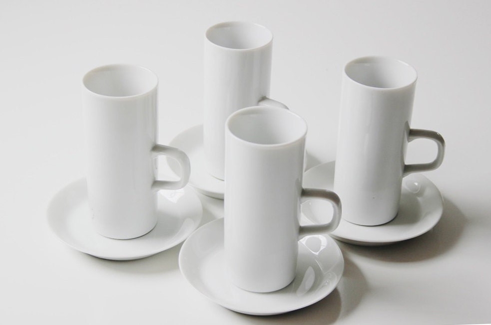 set of 4 tall white porcelain modern cup and saucers Fairwood Germany
