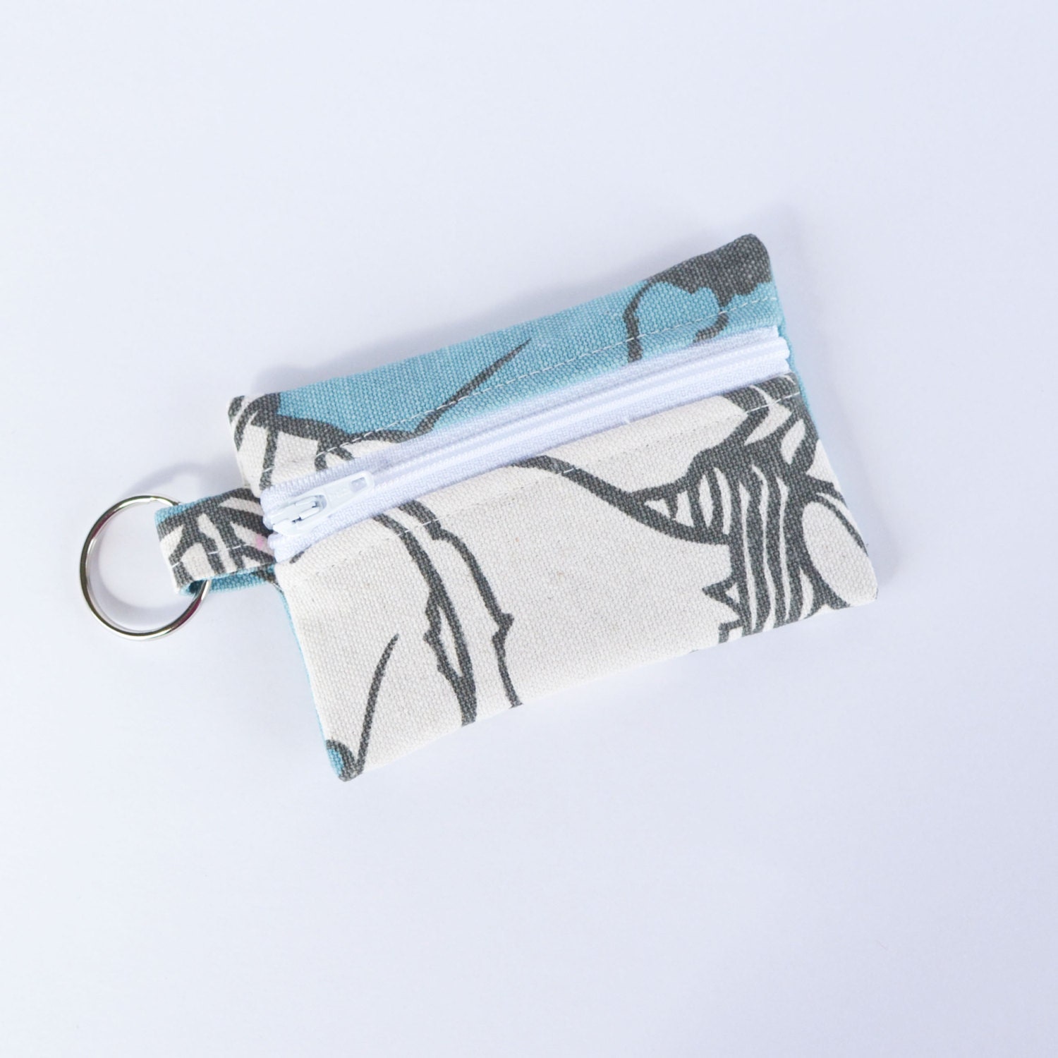 Small Zipper Pouch, Ear Bud Holder, Credit Card Case, Blue and White Flowers