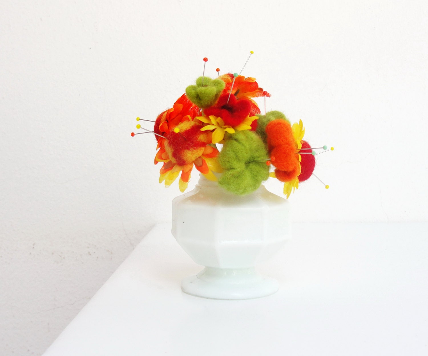 Flower Bouquet Pincushion Felt and Glass