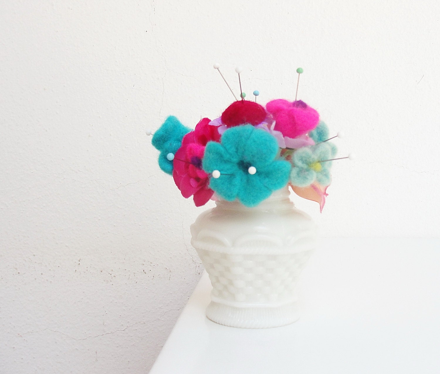Flower Bouquet Pincushion Felt and Glass