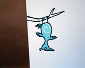 Letterpress Printed Upside-Down Turquoise Bird Card - Single