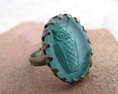 Glass Owl Ring - Antiqued Brass - Seafoam Vintage Glass - The Night Owl - Aqua Shimmer