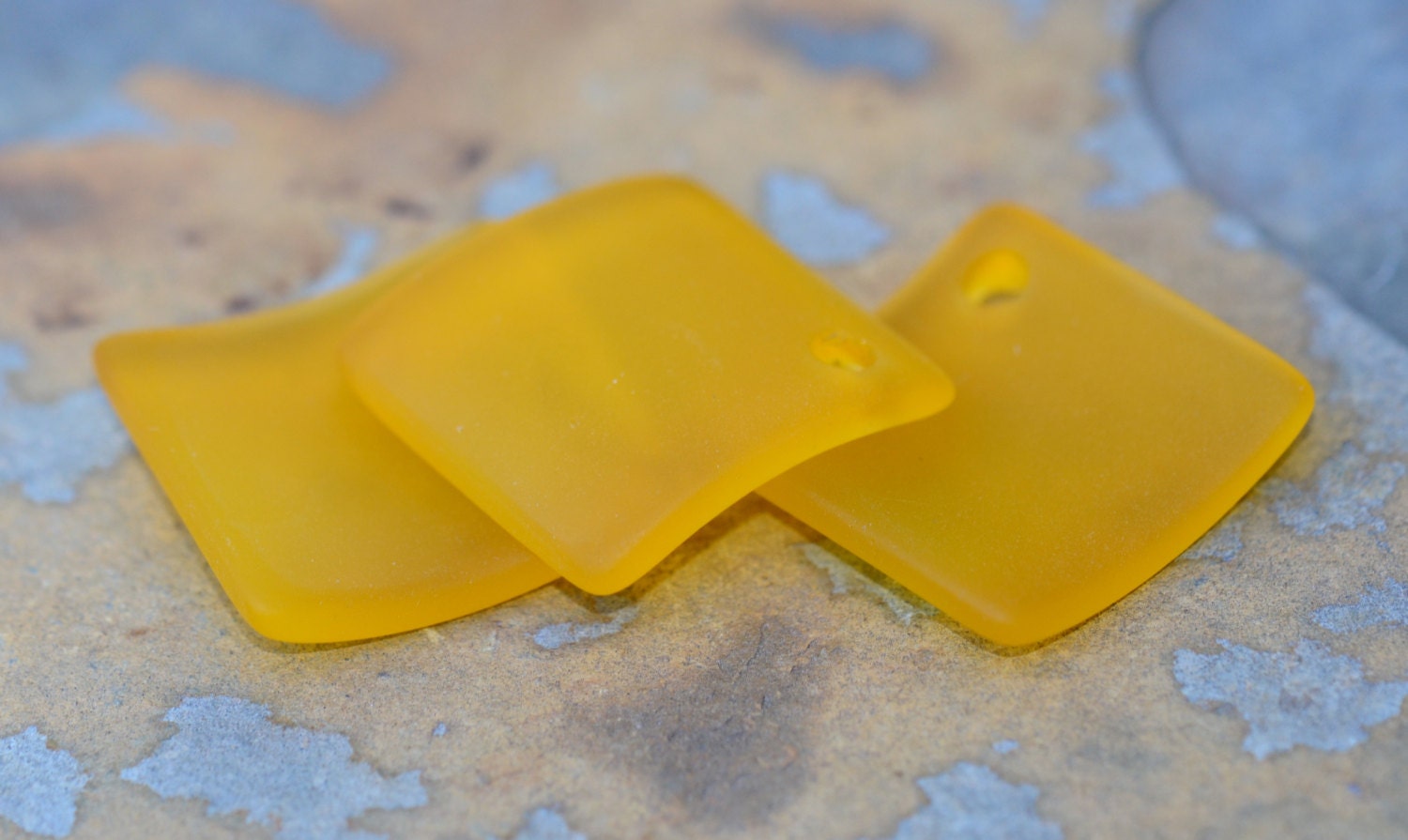 2 Saffron Yellow Sea Glass 22mm Curved Diamond Square Pendants - Beach Glass