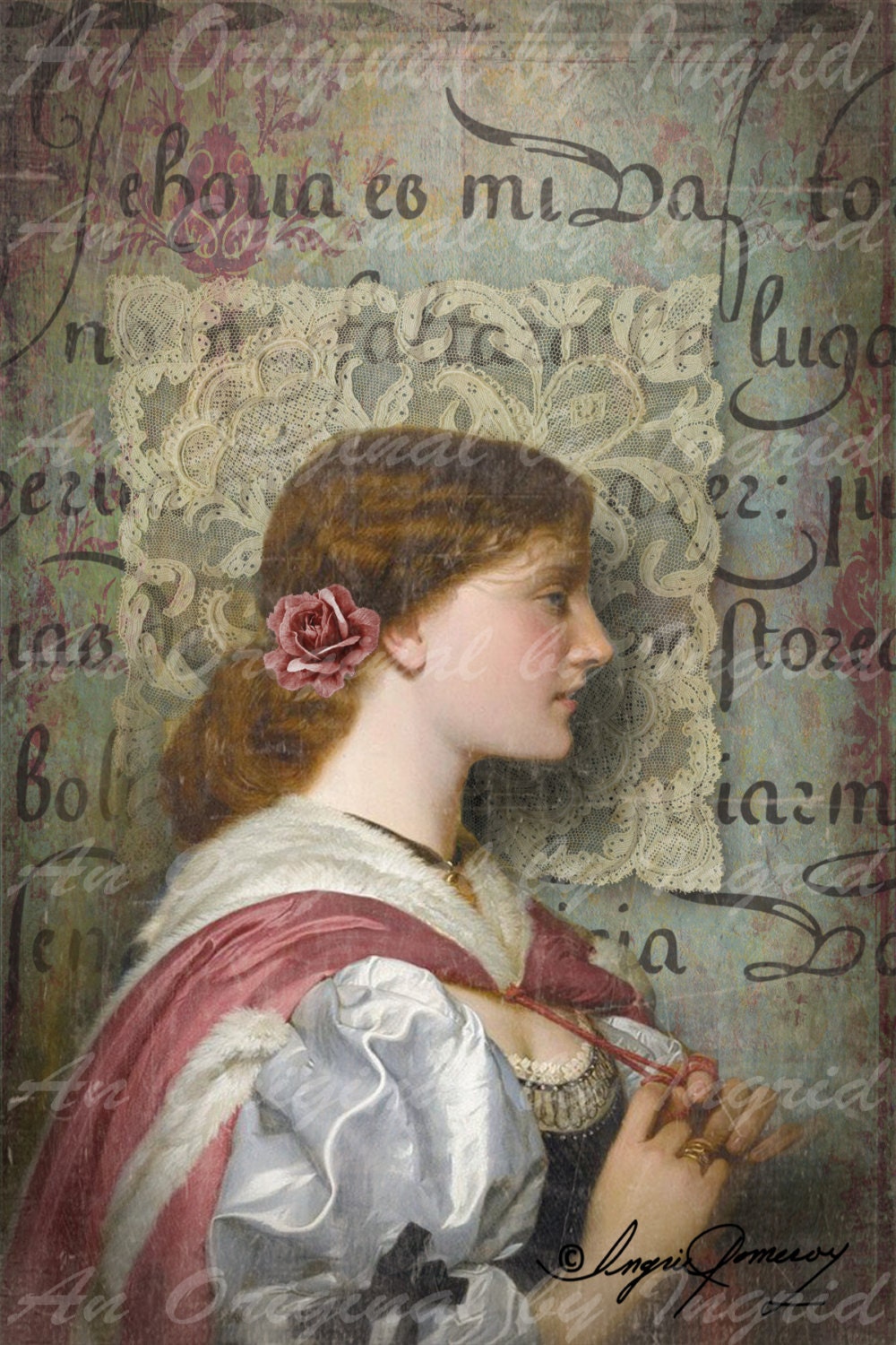 Lovely Maiden with Rose Digital Collage Greeting Card (Suitable for Framing)
