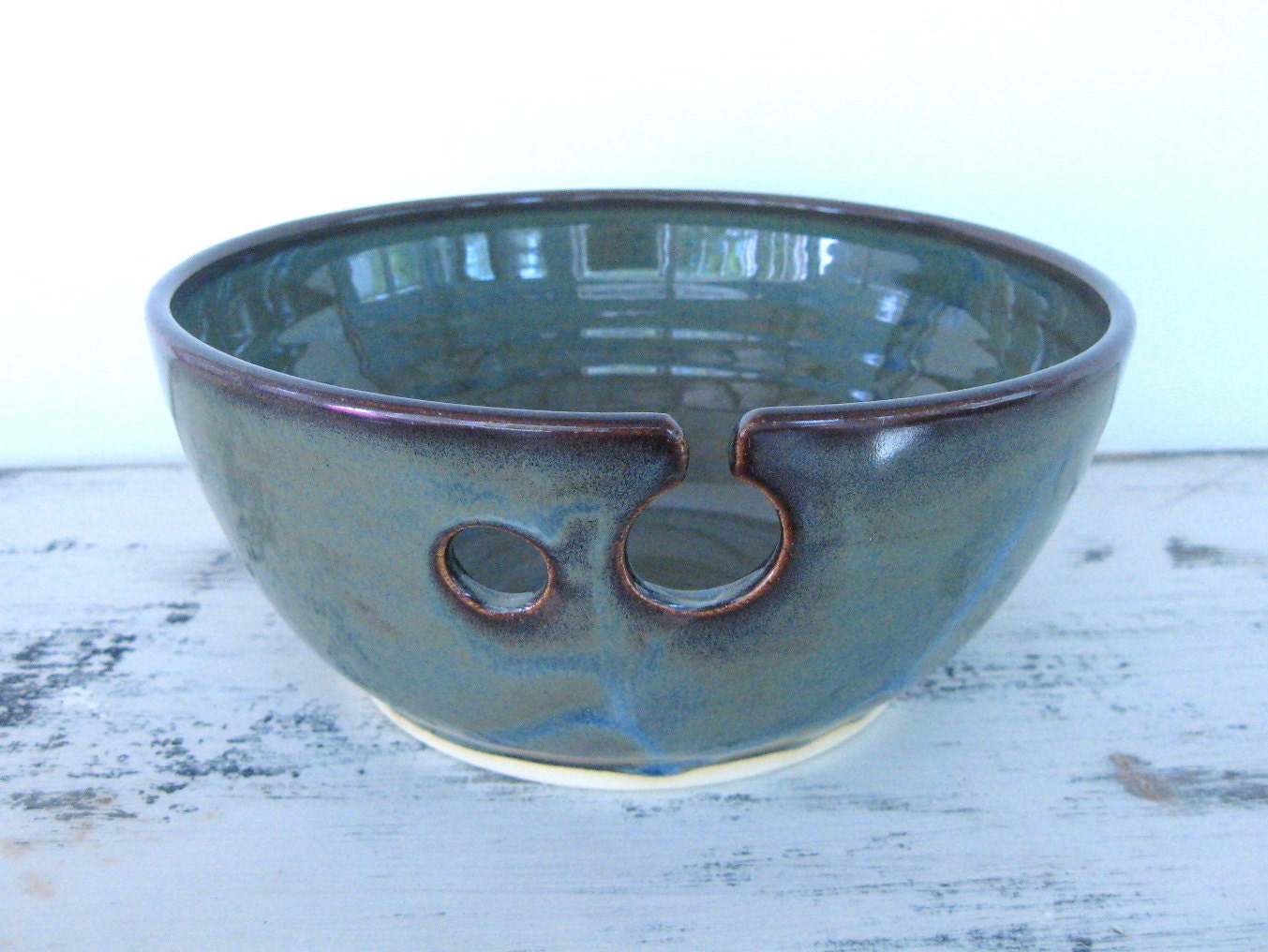 Ceramic Yarn Bowl Handmade Dark Green Yarn Holder
