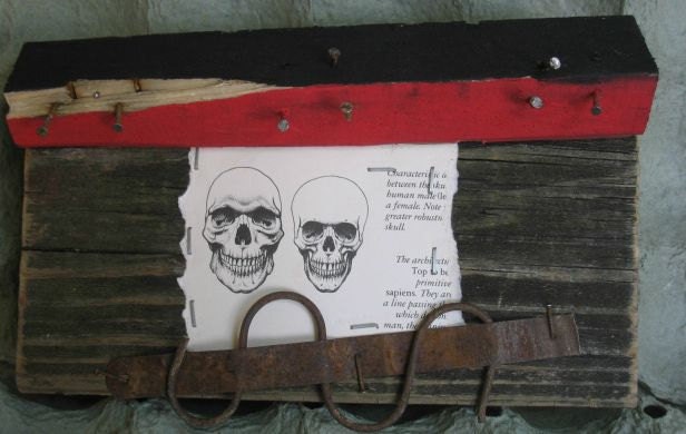 Wood rusty metal sculpture mixed media found object red black skulls outsider art wall hanging