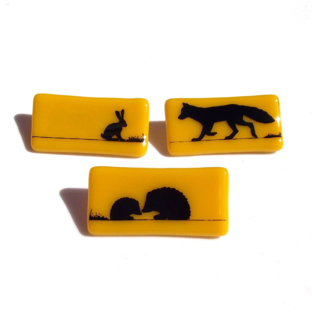 Yellow Wildlife Brooch Fox Hare Hedgehog Fused Glass Black Enamel