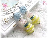 Blue Flower White Yellow Bubble Bump Bead Earrings Rhinestones Titanium Silver Ear Hooks Hypoallergenic Auorora Borealis Spring OOAK
