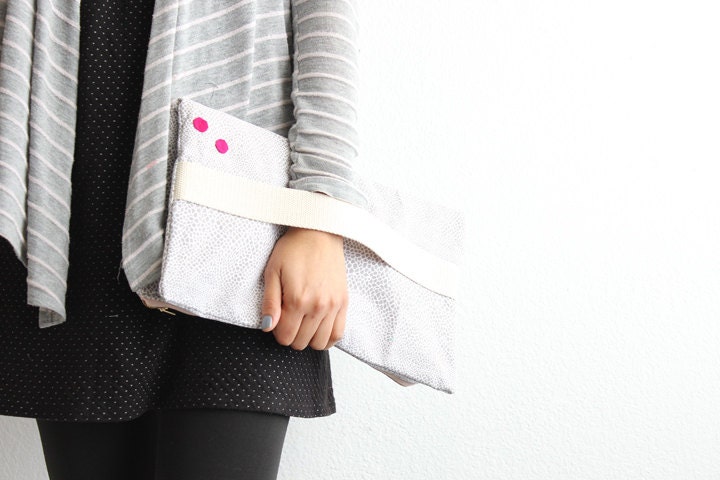 Grey and white geometric print oversized fold over Clutch I