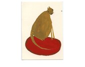 Original Gouache Painting. The cat sat on a red and green mat.