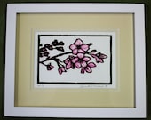 FRAMED Cherry Blossoms, Pink, Black,and White Woodblock Print