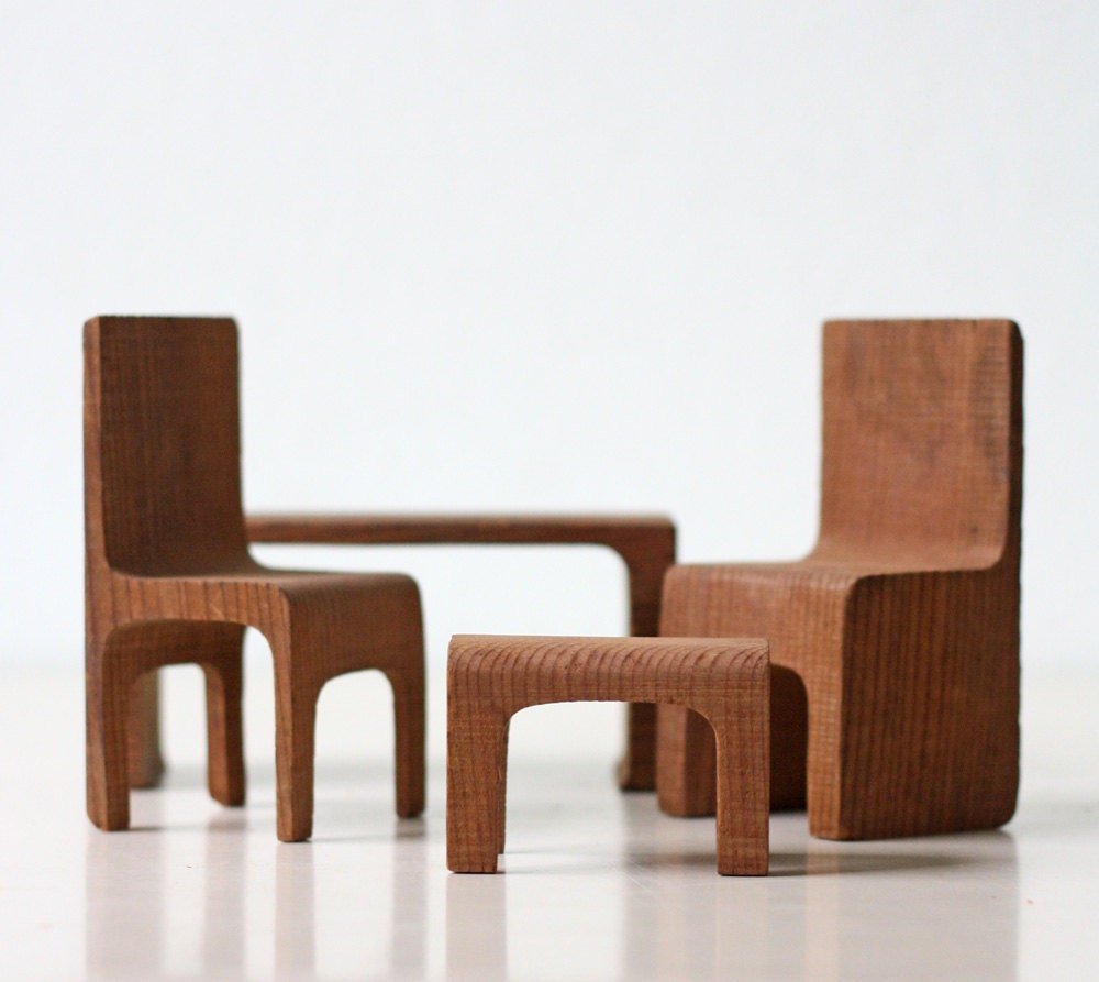 Vintage Furniture Set - little wooden chairs, table and ottoman, handmade, fit together as a puzzle