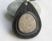 Petoskey Stone and Leather Pendant Necklace - Coral Fossil - Michigan's State Stone - Earth Medallion