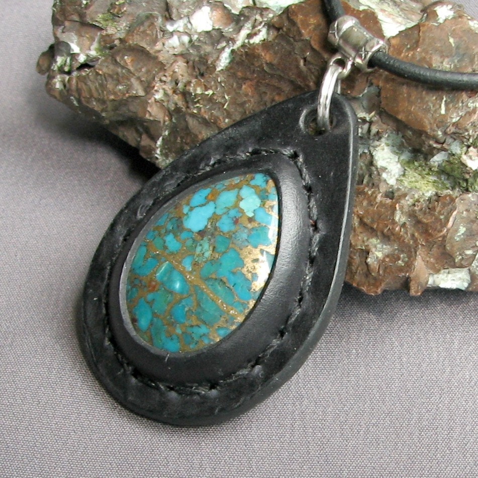 Turquoise and Brass Mosaic Stone and Leather Pendant - an Aos Original Earth Medallion
