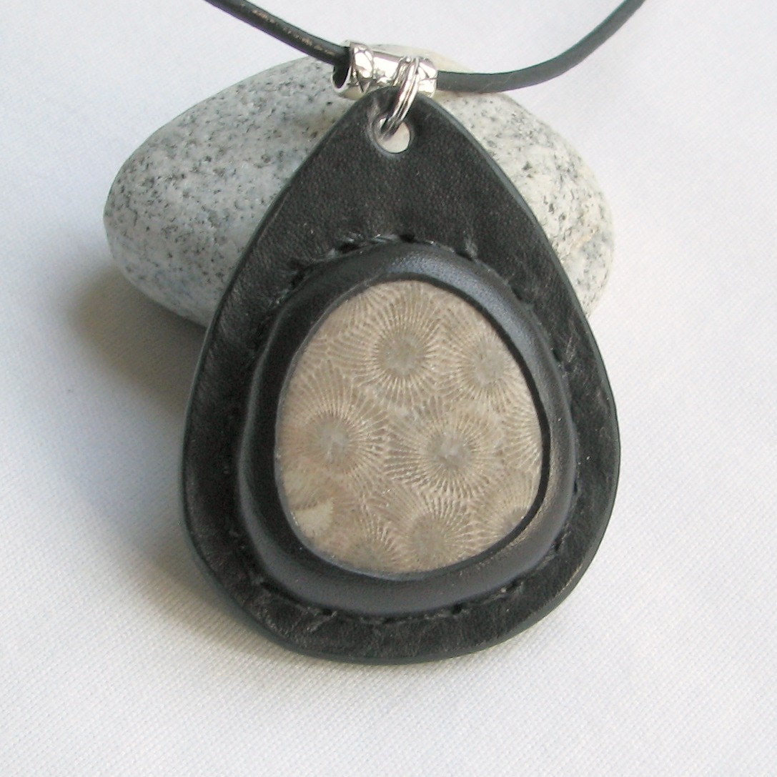 Petoskey Stone and Leather Pendant Necklace - Coral Fossil - Michigan's State Stone - Earth Medallion