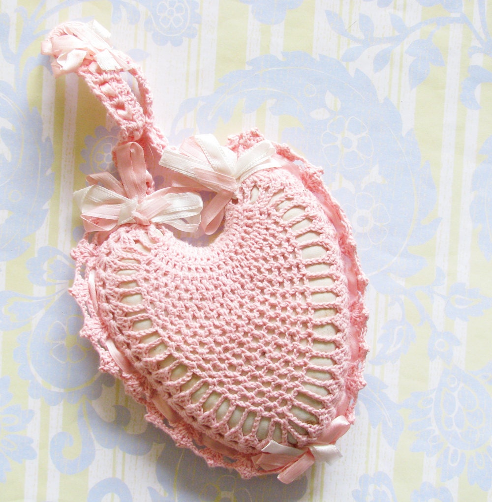 Candy Sweet Cutie..Adorable Vintage Pink Ribbon Trimmed Crochet Pincushion