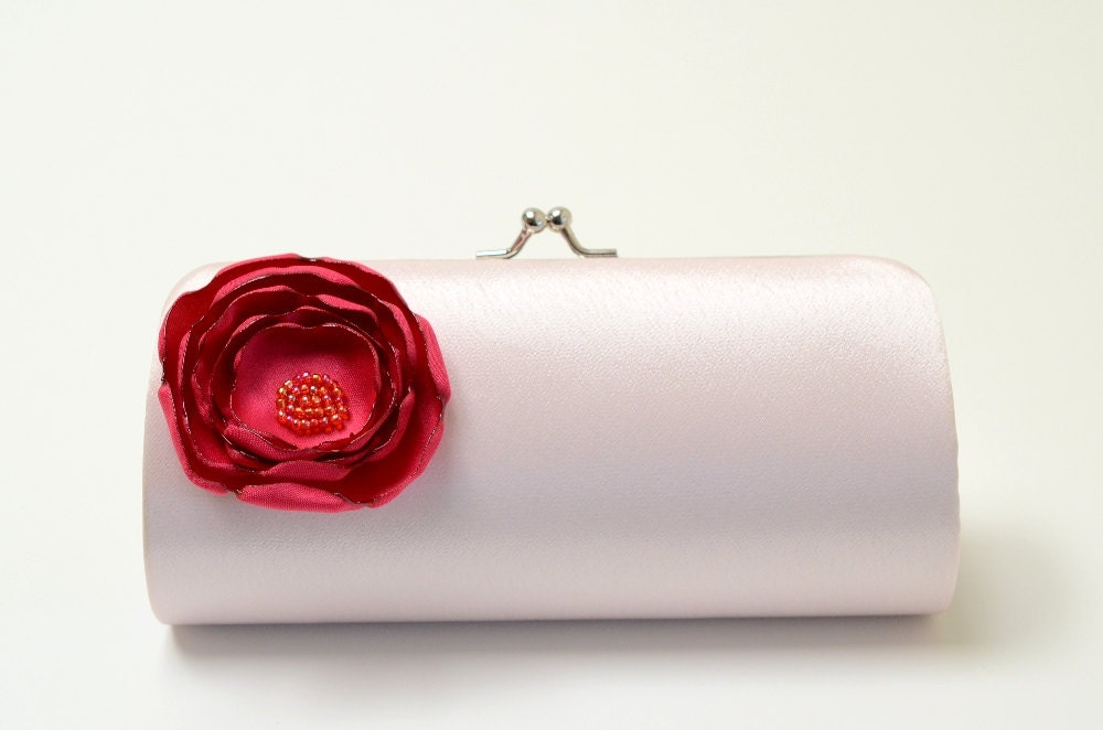 Bridal Clutch Bridesmaid Clutch - Silver Clutch with a Petite Pale Pink Flower Bloom - Bridesmaid Gift