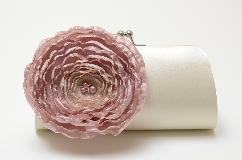 Bridal Clutch Shabby Chic Ivory & Dusty Rose Clutch - Bridesmaid Clutch - Cocktail Bouquet Clutch - Antique Pink  Flower Clutch - Medium