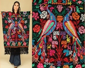 ViNtAgE 60's Black Rainbow PEACOCK Mexican Embroidered Fringe Poncho Cape Sweater Punto de Cruz o/s