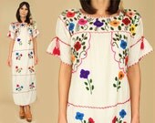 ViNtAgE 70's Floral Gauze Cotton Mexican Embroidered Handmade Maxi Hippie Maxi Dress s/m