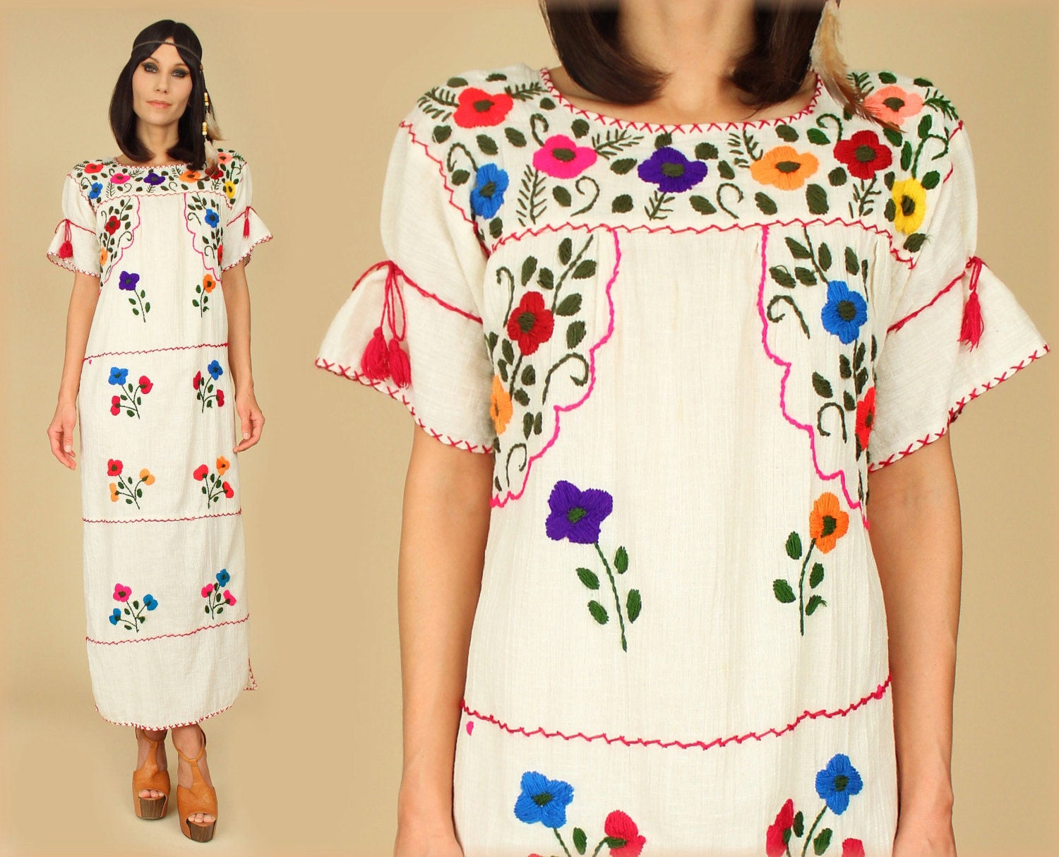 ViNtAgE 70's Floral Gauze Cotton Mexican Embroidered Handmade Maxi Hippie Maxi Dress s/m