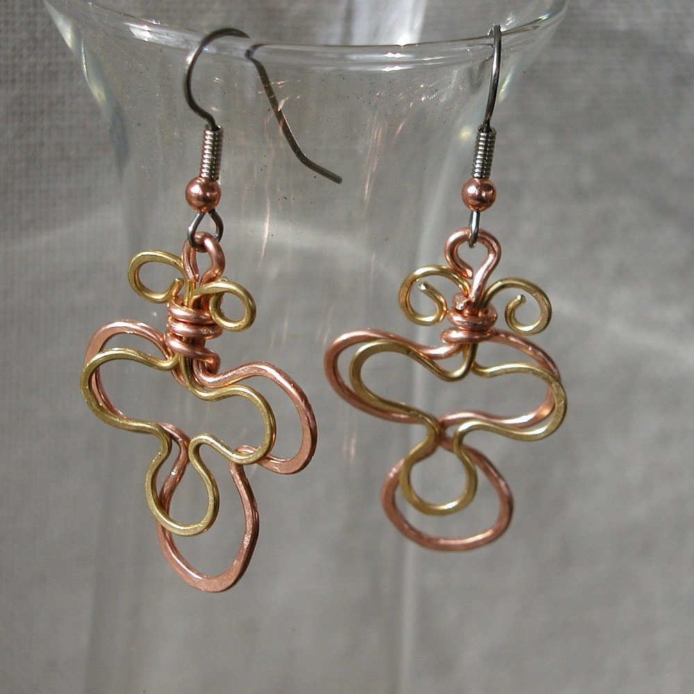Bronze and Copper Wire Earrings, Fleur-de-lis Shape