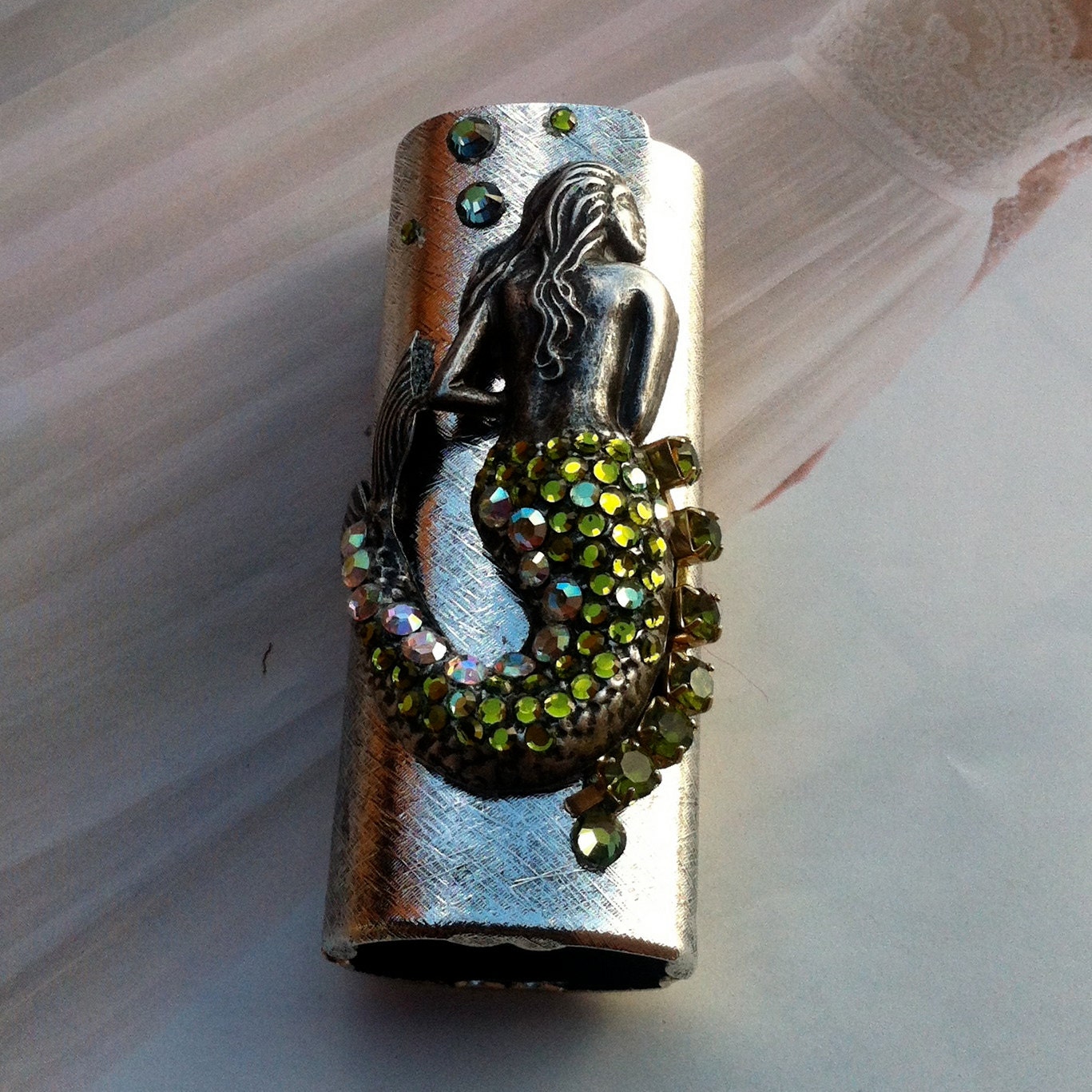 Mermaid Cigarette Lighter Case- Green Crystal Tail.