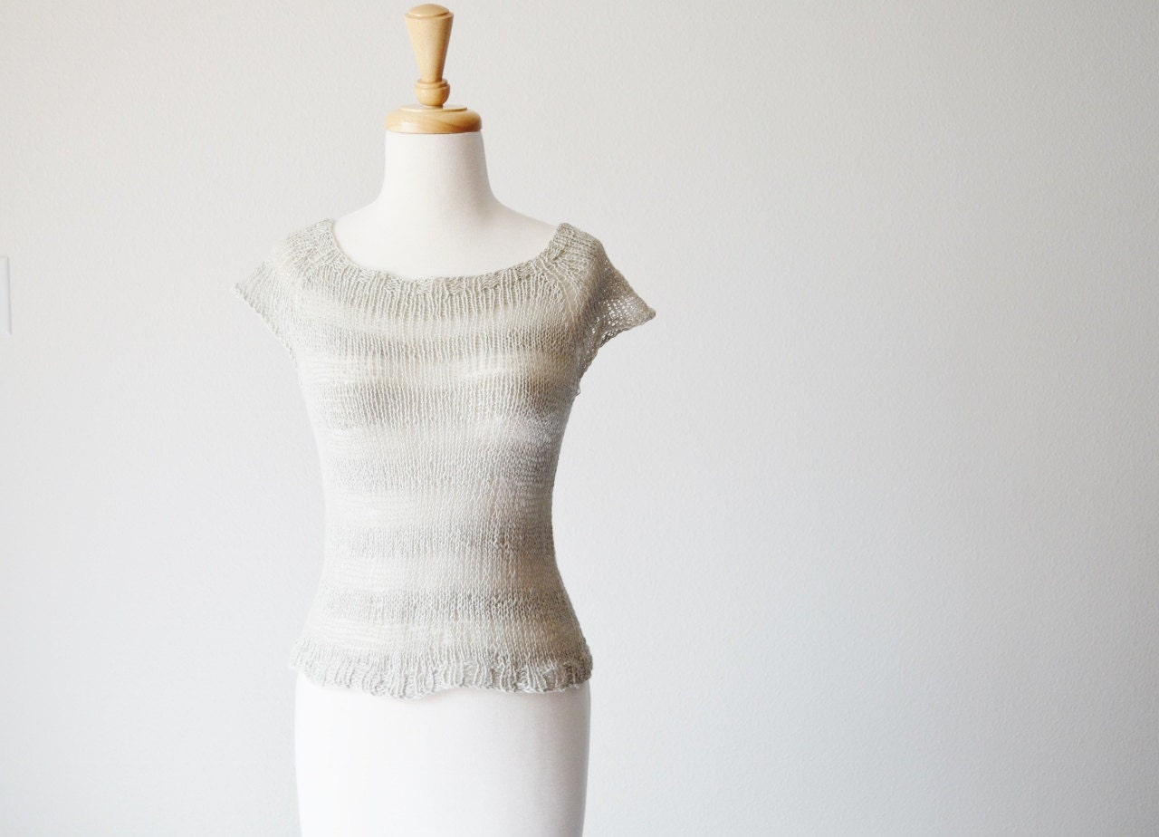 French Grey Striped Linen Loose Knit Summer Top - All Natural Cotton Linen Blend Hand Knit Women's Summer Tank Top Sleeveless Raglan