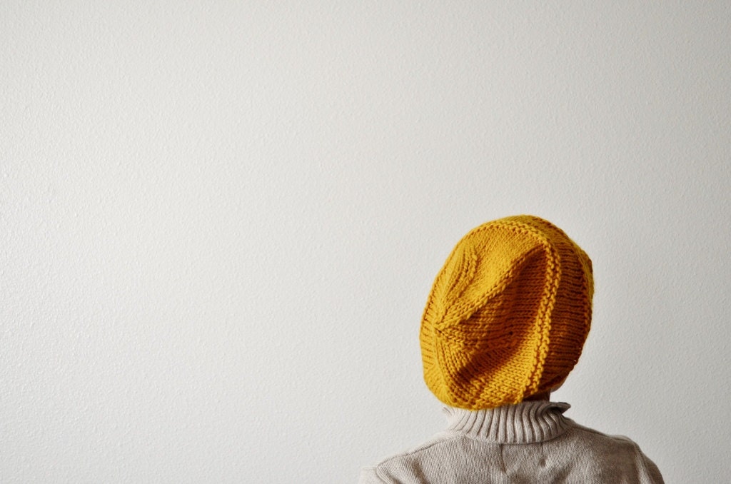 Wool Hat - Slouchy Hand Knit Wool Hat in Sunflower Yellow - Lace Hem - Mori Girl, Nostalgic, Romantic Warm Winter Wool Mustard Yellow