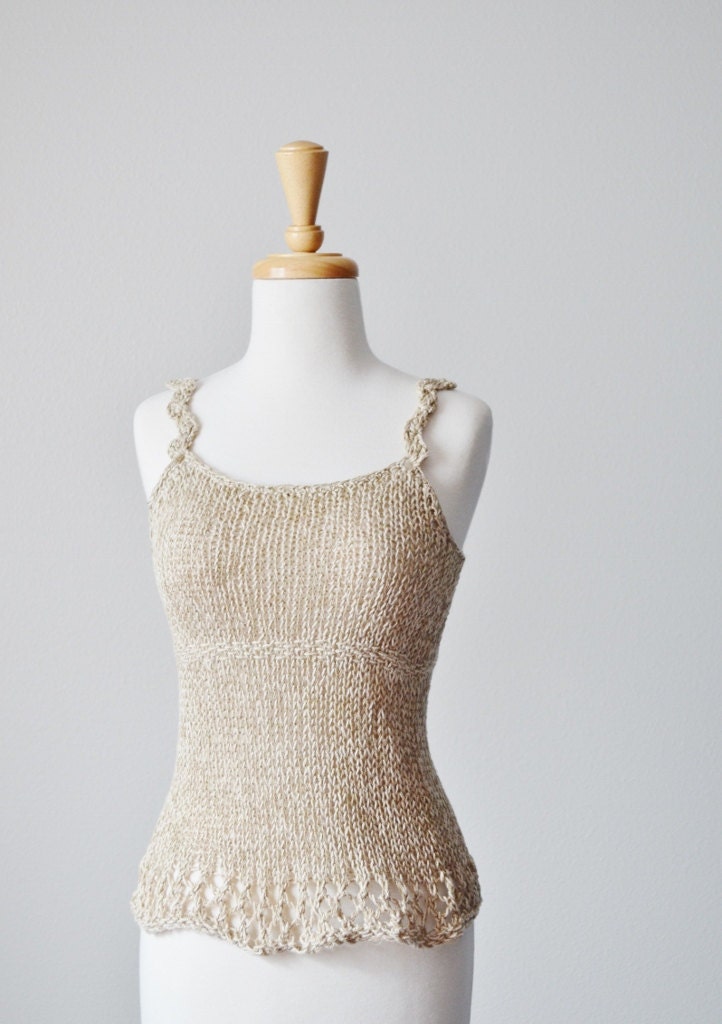 Sophie Tank in Bramble - Natural Linen and Shell - Natural Hand Knit Loose Knit Camisole Tank Top With Lace Trim - Women's Summer Knit Top