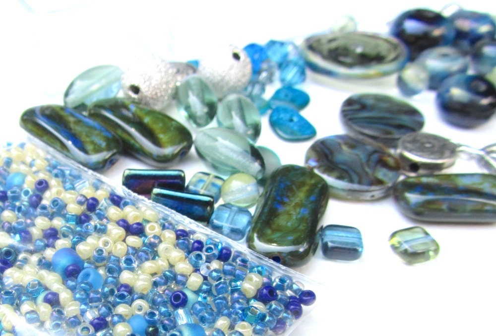 Bead Mojo Box, Glass Beads and Lampwork, Kelp - Blue, Green and Grey