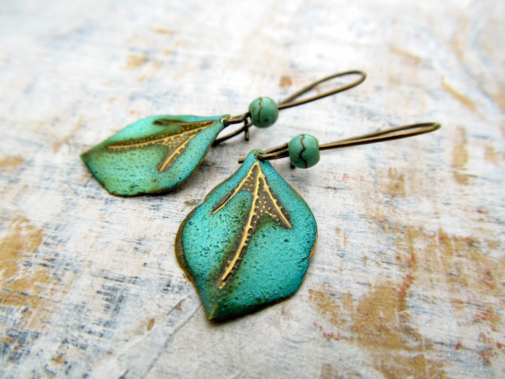 Leaf earrings patina small dangle earrings rustic earrings Boho jewelry
