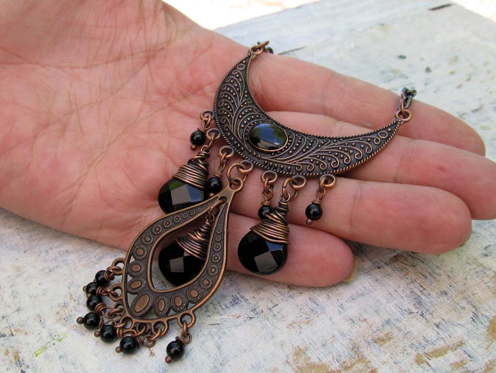 black Bohemian necklace Gypsy statement necklace wire wrapped Boho Bohemian Jewelry